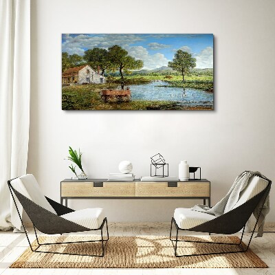 A peaceful rural landscape with a river Canvas wall art