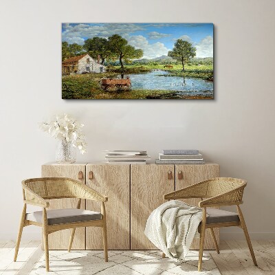 A peaceful rural landscape with a river Canvas wall art