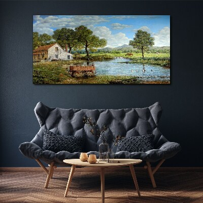 A peaceful rural landscape with a river Canvas wall art