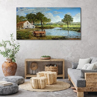 A peaceful rural landscape with a river Canvas wall art