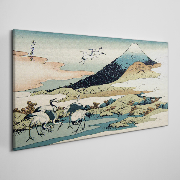 Cranes by a Mountain Print on canvas