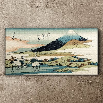 Cranes by a Mountain Print on canvas