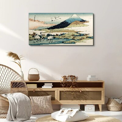 Cranes by a Mountain Print on canvas