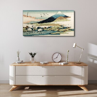 Cranes by a Mountain Print on canvas
