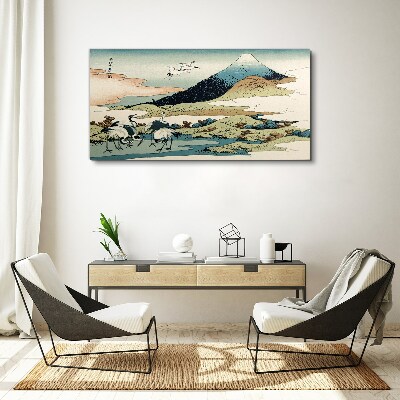 Cranes by a Mountain Print on canvas