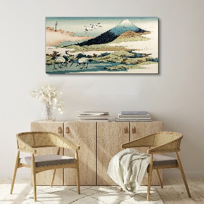 Cranes by a Mountain Print on canvas