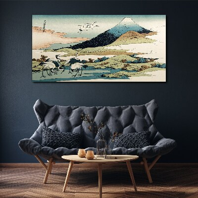 Cranes by a Mountain Print on canvas