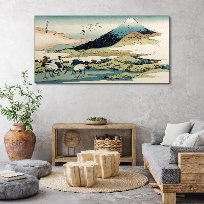 Cranes by a Mountain Print on canvas