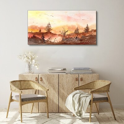 Sunset over a forest landscape Canvas wall art