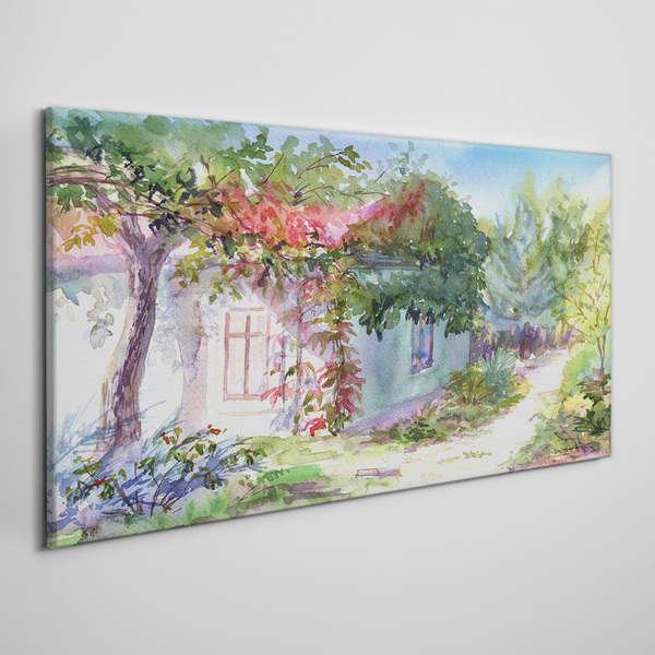 Summer landscape with house and trees Canvas wall art