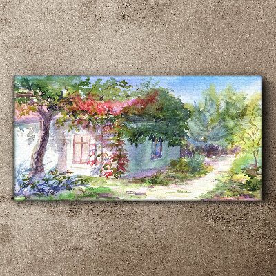 Summer landscape with house and trees Canvas wall art