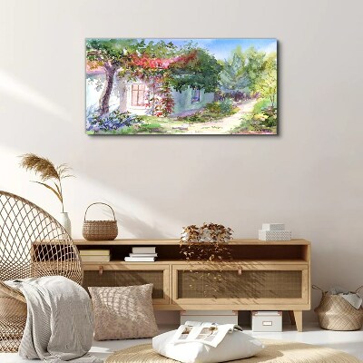 Summer landscape with house and trees Canvas wall art