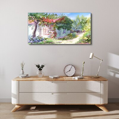 Summer landscape with house and trees Canvas wall art