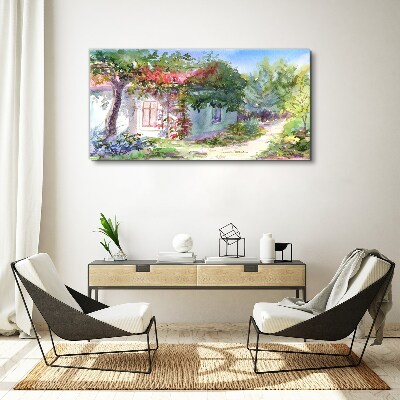Summer landscape with house and trees Canvas wall art