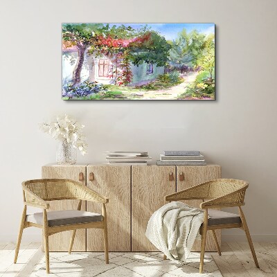 Summer landscape with house and trees Canvas wall art