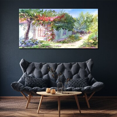 Summer landscape with house and trees Canvas wall art