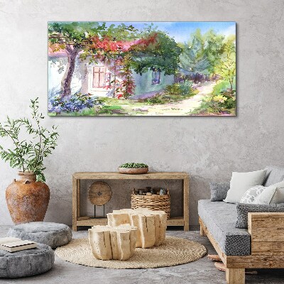 Summer landscape with house and trees Canvas wall art