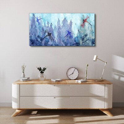 Slender dragonflies in a forest landscape Print on canvas