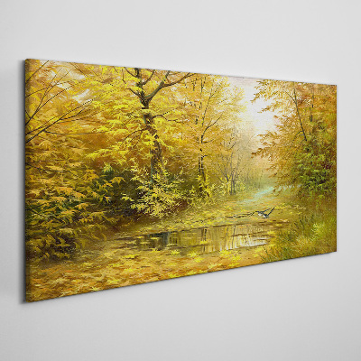 Golden autumn at the pond Canvas wall art