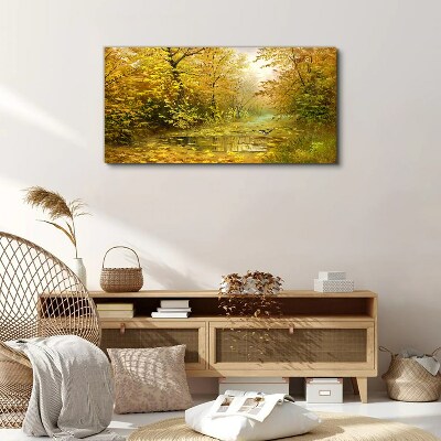 Golden autumn at the pond Canvas wall art