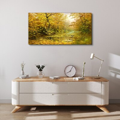 Golden autumn at the pond Canvas wall art