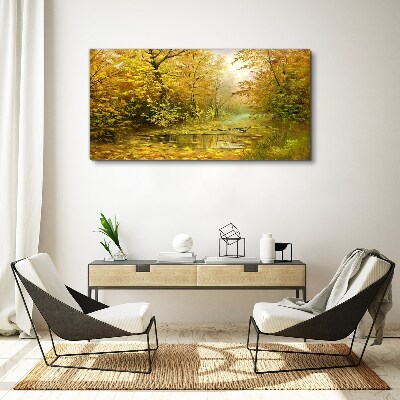 Golden autumn at the pond Canvas wall art