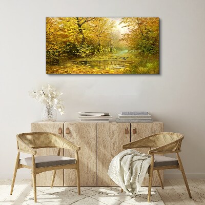 Golden autumn at the pond Canvas wall art