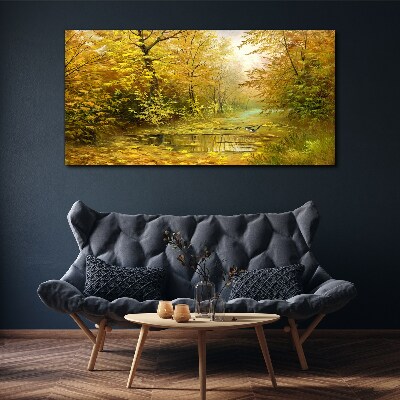Golden autumn at the pond Canvas wall art