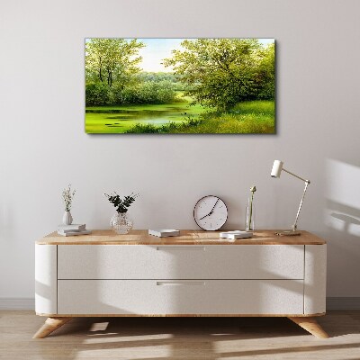 Green landscape by the water Print on canvas