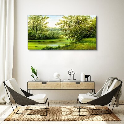 Green landscape by the water Print on canvas