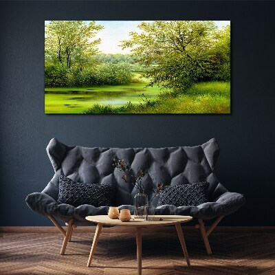 Green landscape by the water Print on canvas