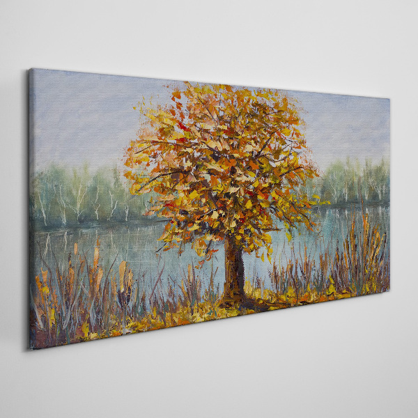Golden autumn at the pond Canvas wall art