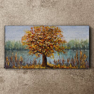 Golden autumn at the pond Canvas wall art
