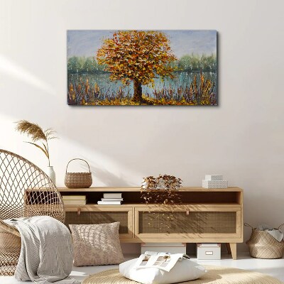 Golden autumn at the pond Canvas wall art