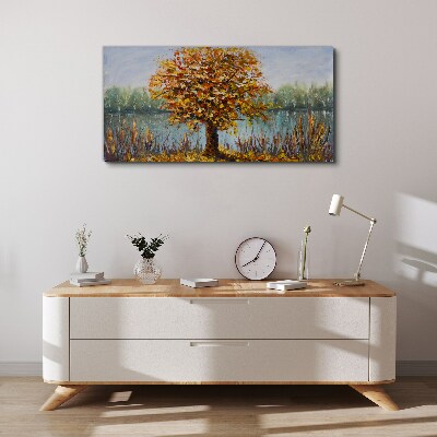 Golden autumn at the pond Canvas wall art