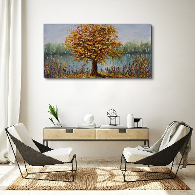 Golden autumn at the pond Canvas wall art