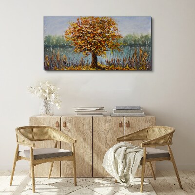 Golden autumn at the pond Canvas wall art
