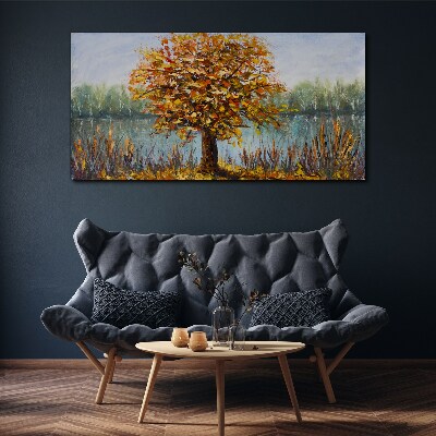 Golden autumn at the pond Canvas wall art