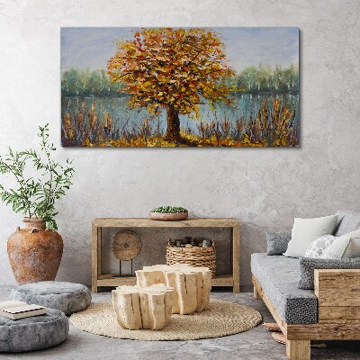 Golden autumn at the pond Canvas wall art