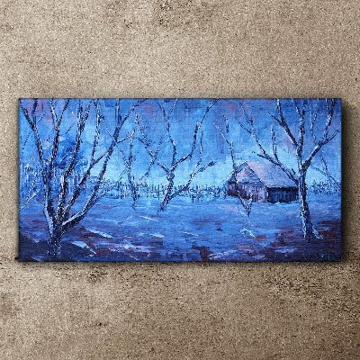 Winter landscape with a cottage Canvas wall art