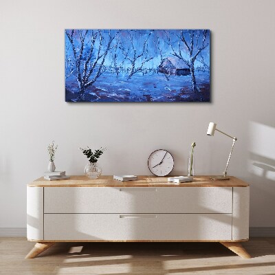 Winter landscape with a cottage Canvas wall art