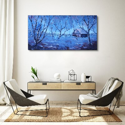 Winter landscape with a cottage Canvas wall art