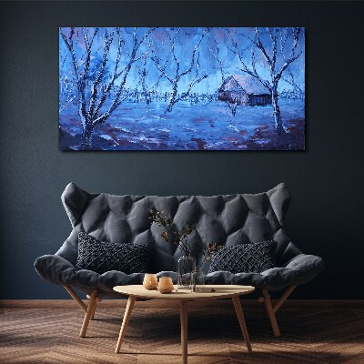Winter landscape with a cottage Canvas wall art