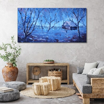Winter landscape with a cottage Canvas wall art
