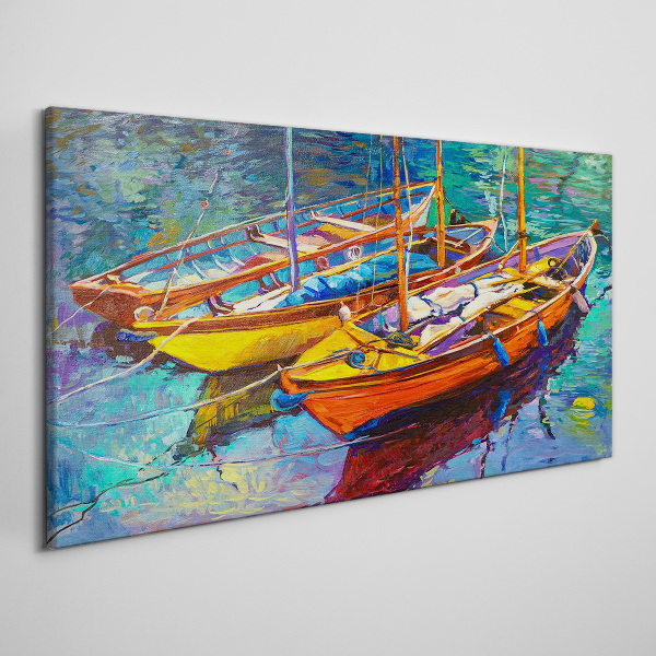 Colorful boats on calm water Print on canvas