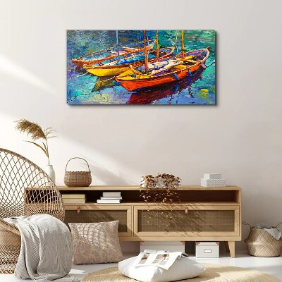 Colorful boats on calm water Print on canvas