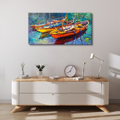 Colorful boats on calm water Print on canvas