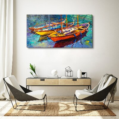 Colorful boats on calm water Print on canvas
