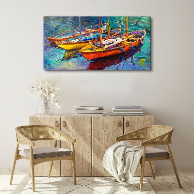 Colorful boats on calm water Print on canvas