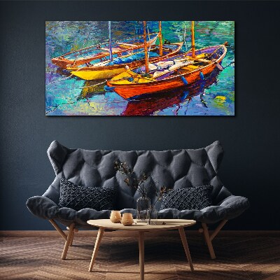 Colorful boats on calm water Print on canvas